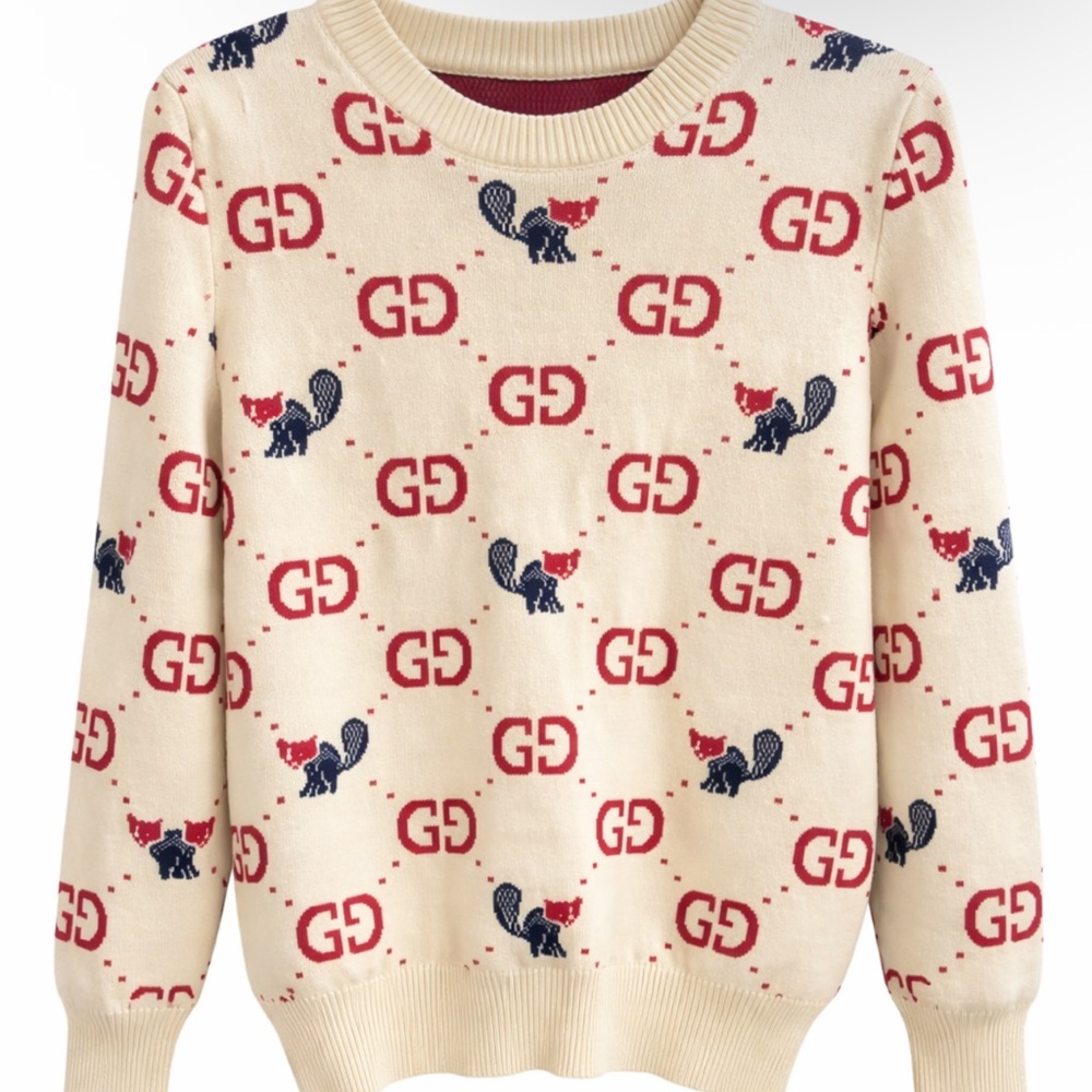 Cream Crewneck with Red and Navy Fox Motif